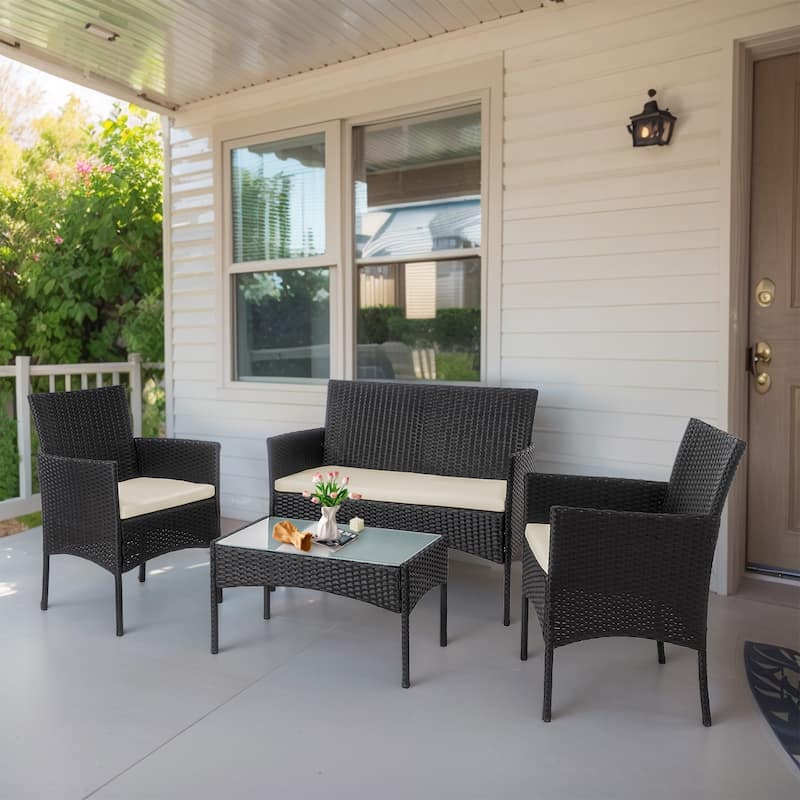 4 Piece Patio Conversation Wicker Furniture Set, Outdoor Rattan Sectional Furniture Set With Cushions - Beige