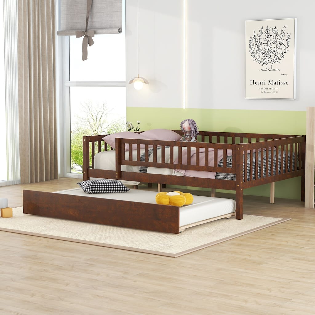 Full Size Wood Daybed with Trundle and Fence Guardrails