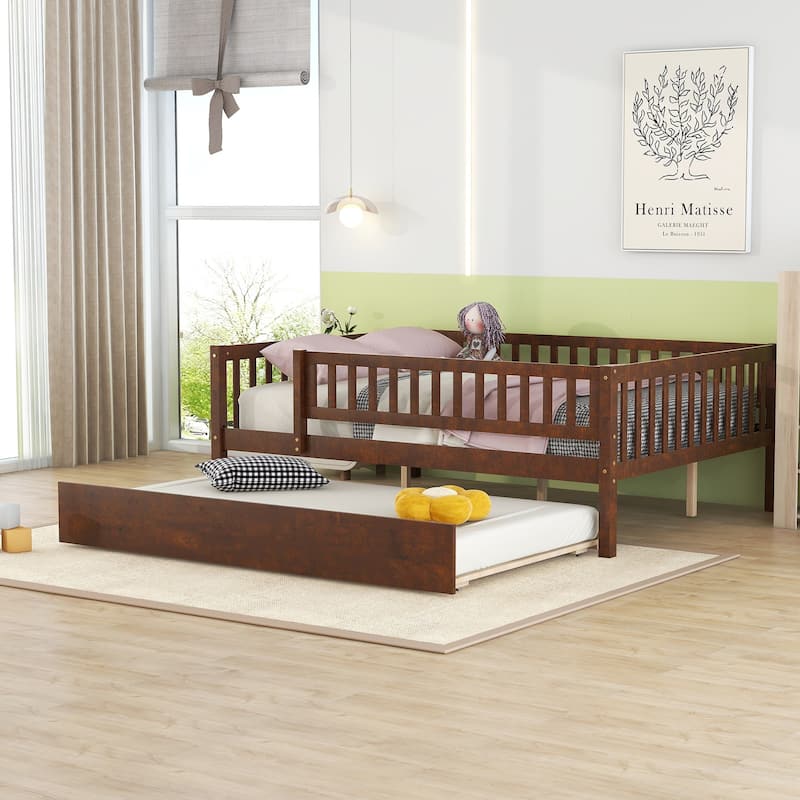 Wooden Twin/Full Daybed with Trundle and Fence Guardrails, No Box Spring Needed