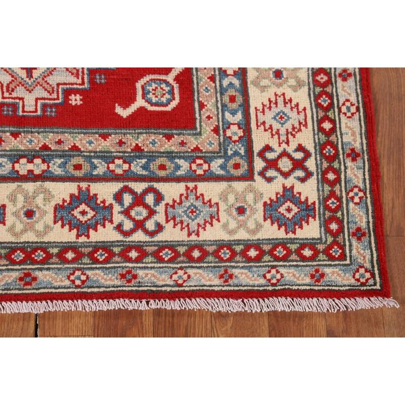 Red Geometric Kazak Accent Rug Hand-Knotted Wool Carpet - 3'4" x 4'11"