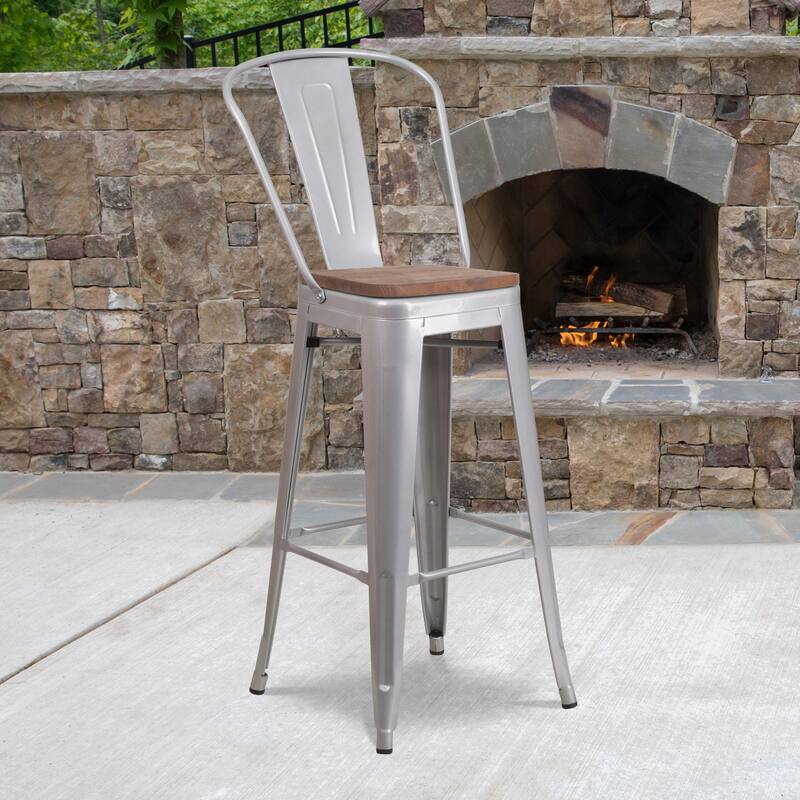 30" High Metal Barstool with Back and Wood Seat - 17.75"W x 20"D x 45.25"H - Silver