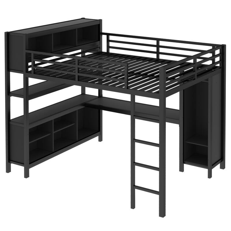 Roomfitters Queen Size Metal Loft Bed with L-Shaped Desk, Wardrobe, Storage Cubes & Shelves, Heavy-Duty Frame