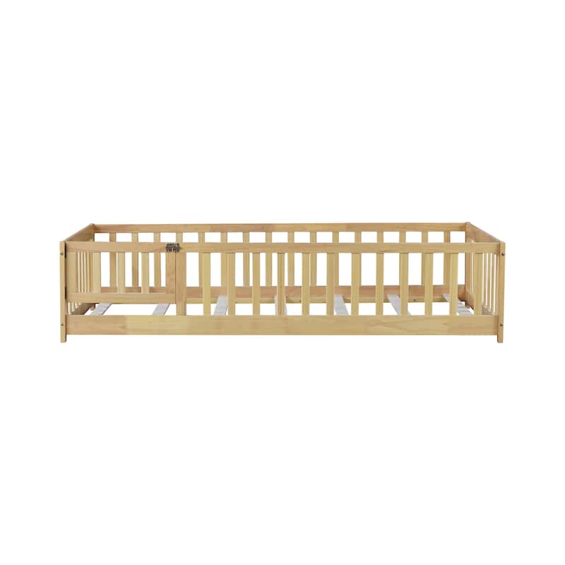 Twin Size Rubber Wood Floor Panel Bed with Safety Fence and Door