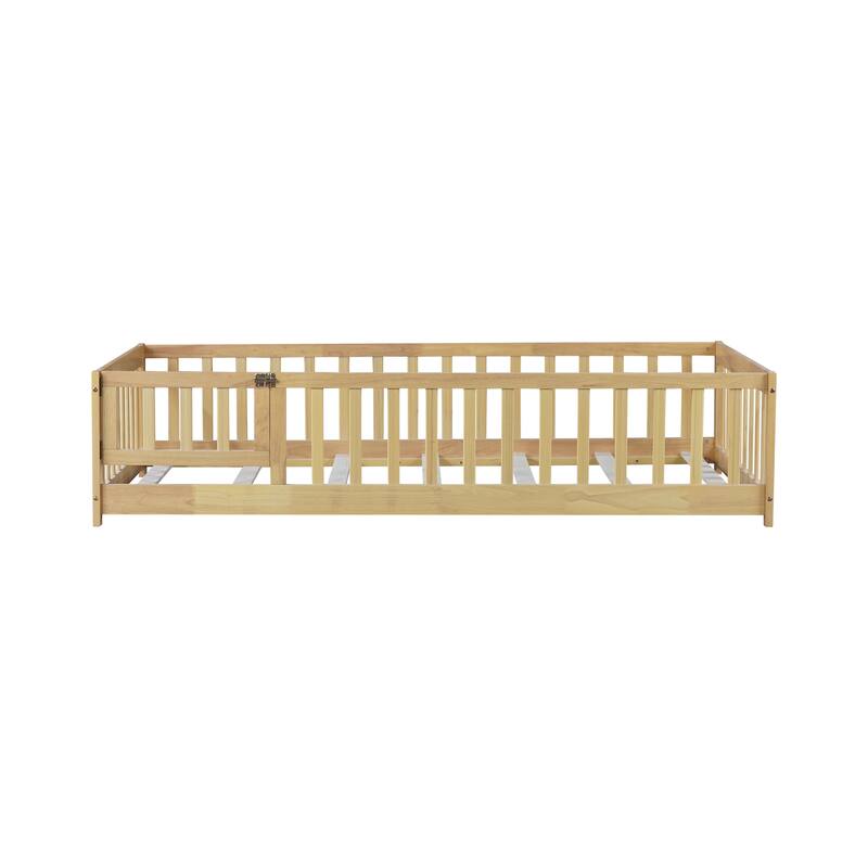 Wooden Floor Bed Frame with Slats Support, Twin Size Kids Floor Bed, Rubber Wood Twin Floor Bed Frame with Fence and Door