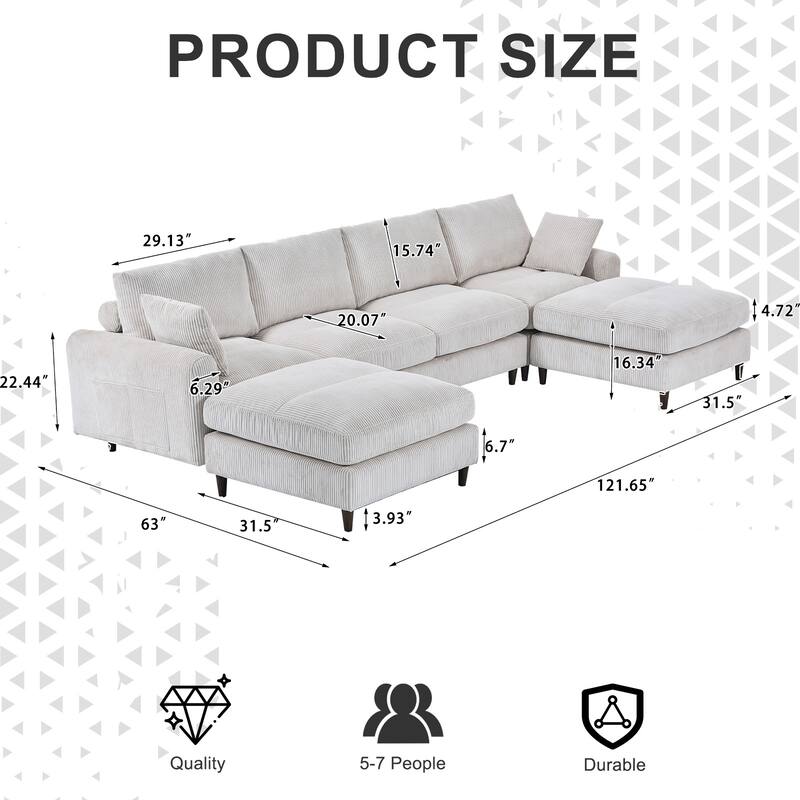 Versatile U-Shaped Corduroy Sofa with Removable Cushions & Multi-Functional Layout - 6 Seater