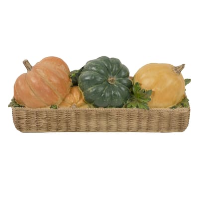 Faux Rattan Basket with Pumpkins Thanksgiving Decoration - 15"