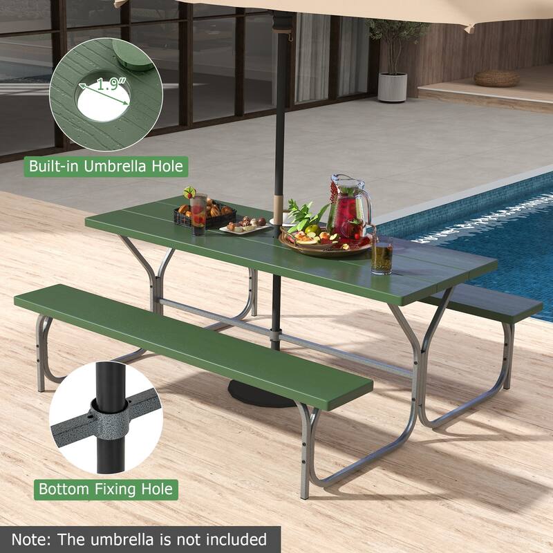 72 Inch 8-Person Outdoor Picnic Table and Bench Set with HDPE Wood-Texture Top and with Built-in Umbrella Hole
