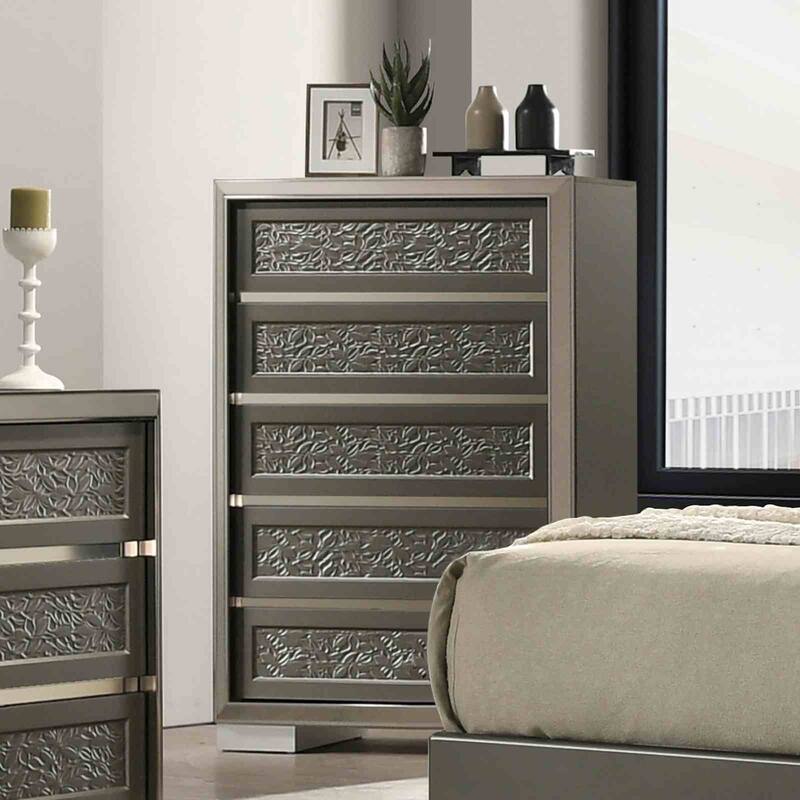 Modern Contemporary Dark Gray Finish LED Bedroom Set Bed Nightstand Dresser Mirror Chest
