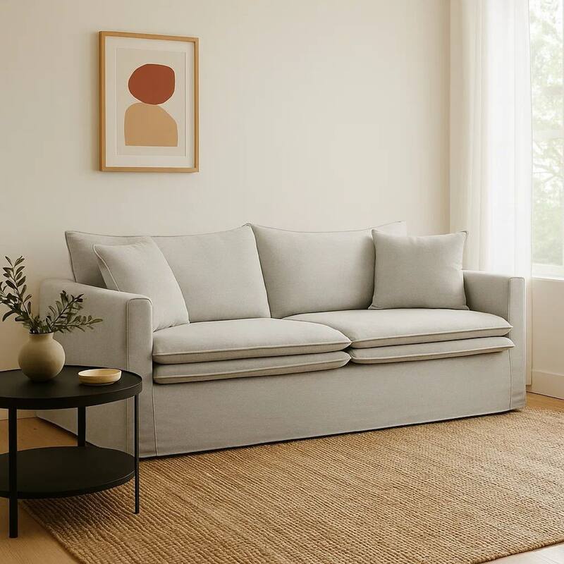 Rutu Sofa, 2 Accent Pillows, Light Gray Padded Linen, 84 Inch