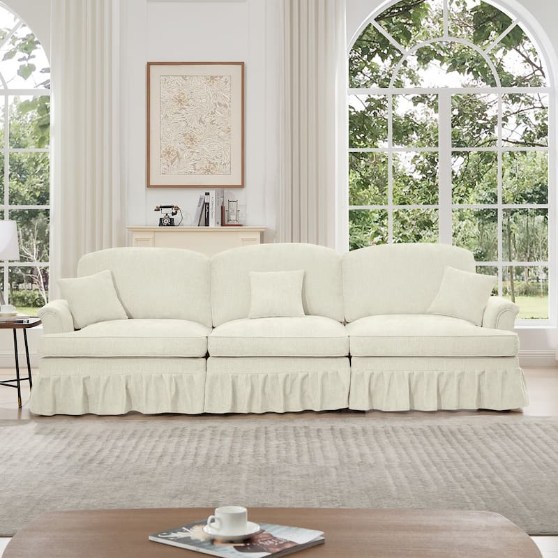 GDFStudio - Elegant Mid Century 3-Seater 107" Chenille Sofa with Flared Arms - Beige+White