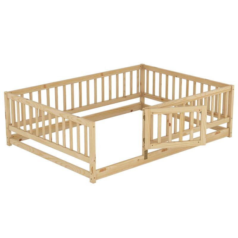Full Size Montessori Floor Bed with Fence and Door, Kids Wood Bed Frame, Natural Pine Wood Floor Bed