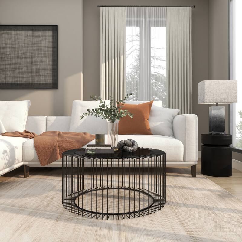 Metal Open Wire Frame Coffee Table with Shaded Glass Top - Black - Roche River Decor