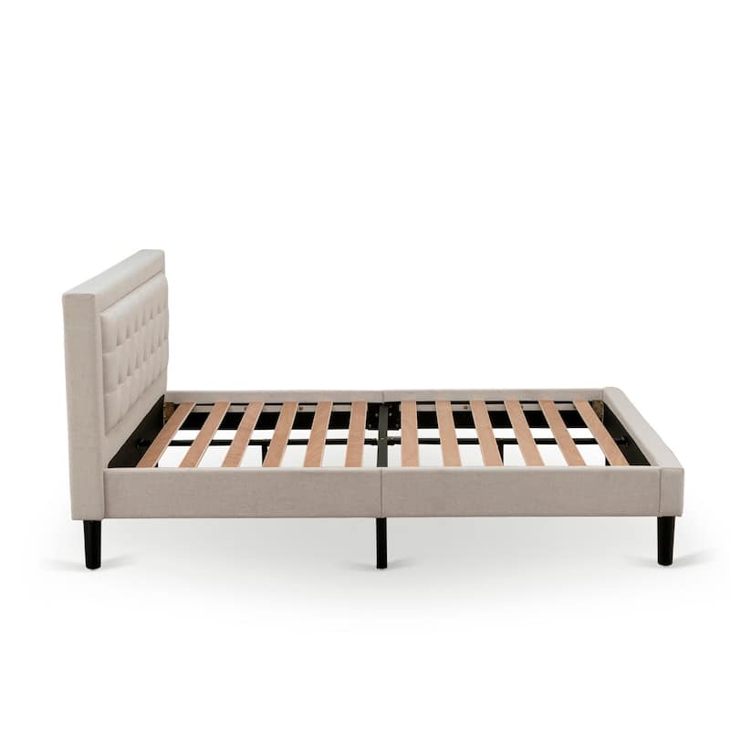 Queen Size Bed Platform Wood Frame - Linen Upholstered Headboard - Modern Bedroom Furniture