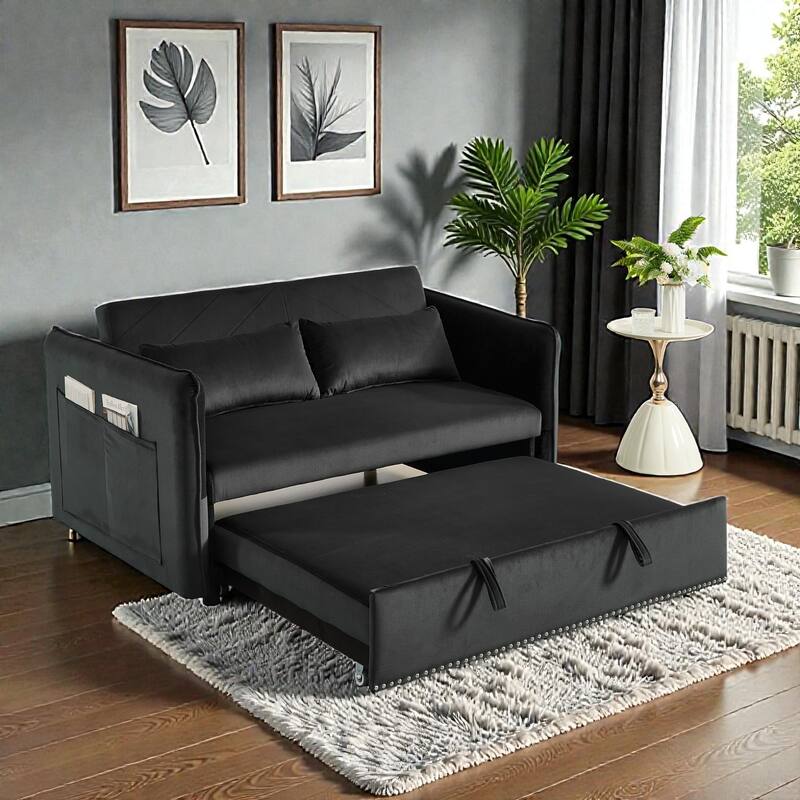 3 in 1 Convertible Sleeper Sofa Bed, Velvet Futon Loveseat with Pull Out Bed, Adjustable Backrest and Side Pockets