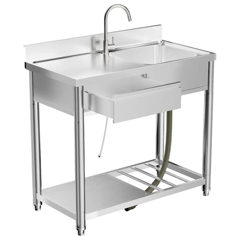 304 Stainless Steel Outdoor Utility Sink Station with Workbench & Storage