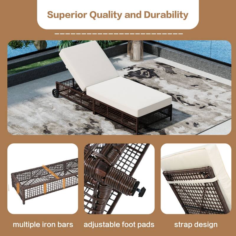 Outdoor PE Rattan Chaise Lounge with 5-Position Backrest & Wheels, Patio Recliner Chair Sun Lounger for Poolside Backyard Garden