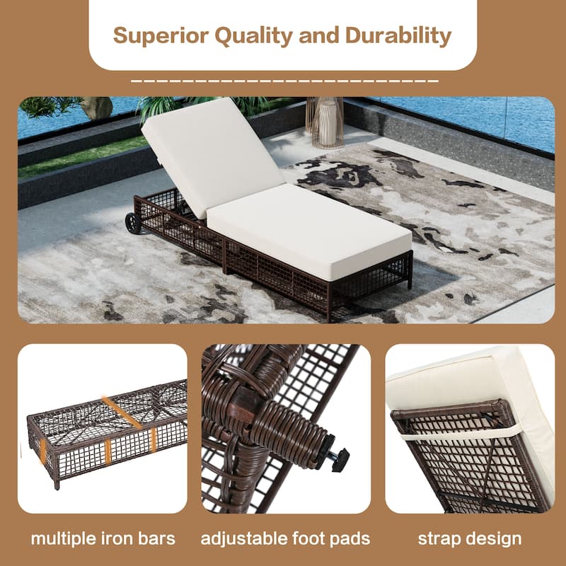 Outdoor Patio Rattan Lounge Chair, Chaise Lounge w/ 5-Position Backrest for Poolside, Backyard, Garden, Brown+Beige