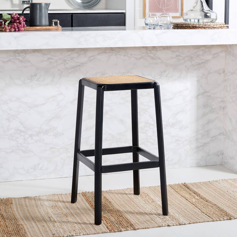 SAFAVIEH Fleta Backless Cane Bar Stool - 18" W x 18" D x 30" H - 18Wx18Dx30H - Black/Natural