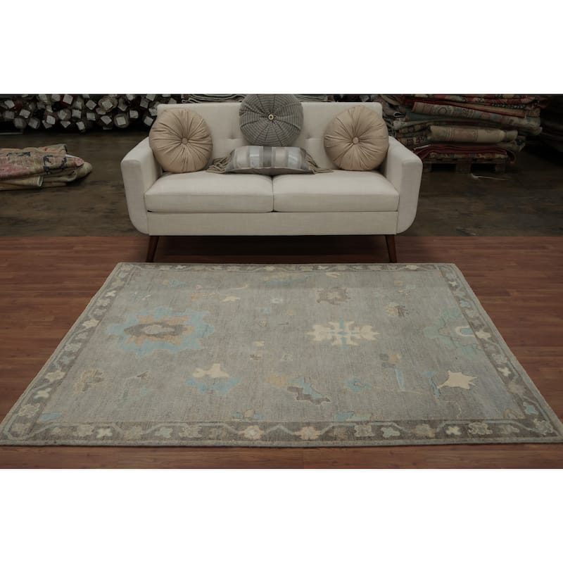 Hand Knotted Oriental 100% Wool Carpet Transitional Floral Greys & Charcoal Oushak Area Rug - 6' 5'' X 5' 2''