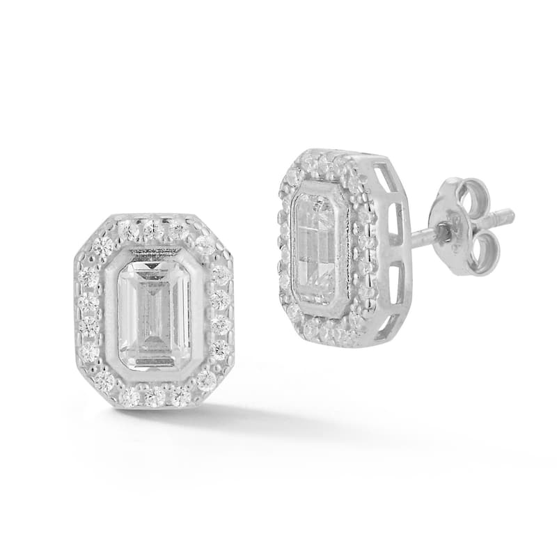 Soleil Sterling Silver Emerald Cut CZ Halo Studs - White