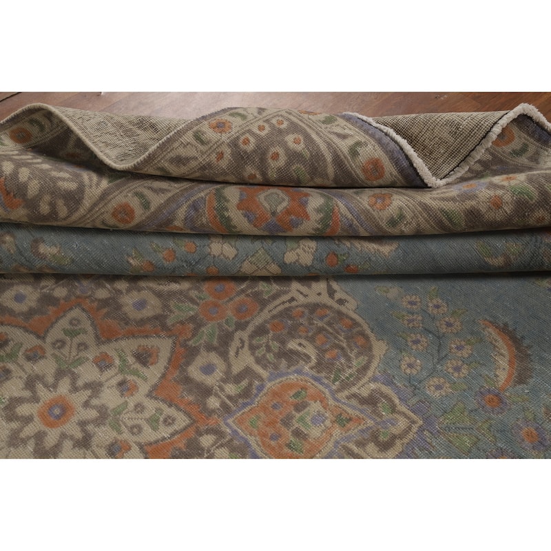 Blue Medallion Tabriz Persian Vintage Rug Hand-Knotted Wool Carpet - 9'7" x 12'4"