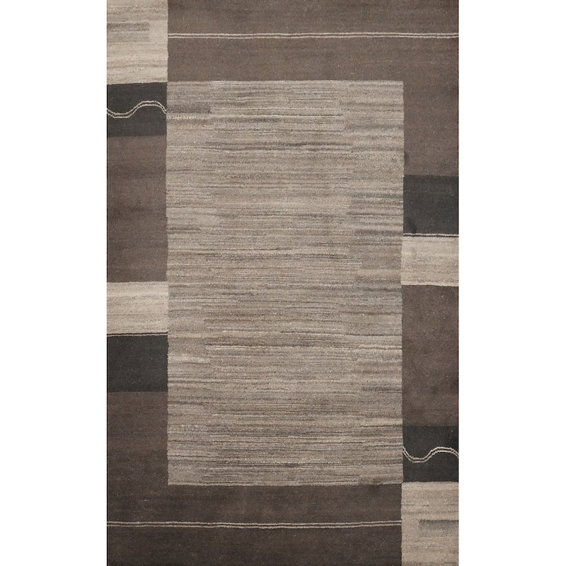 Hand Knotted Oriental 100% Wool Carpet Modern Geometric Greys & Charcoal Gabbeh Area Rug - 7' 9'' X 5' 8''