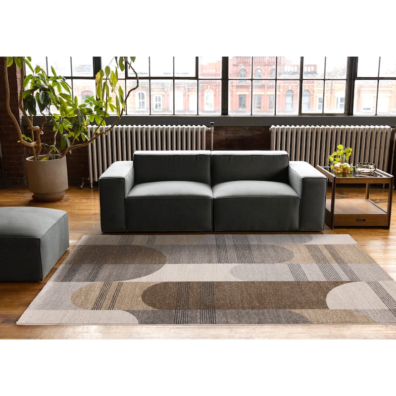 Brown Grey White Striped Arched Shapes Indoor Rug