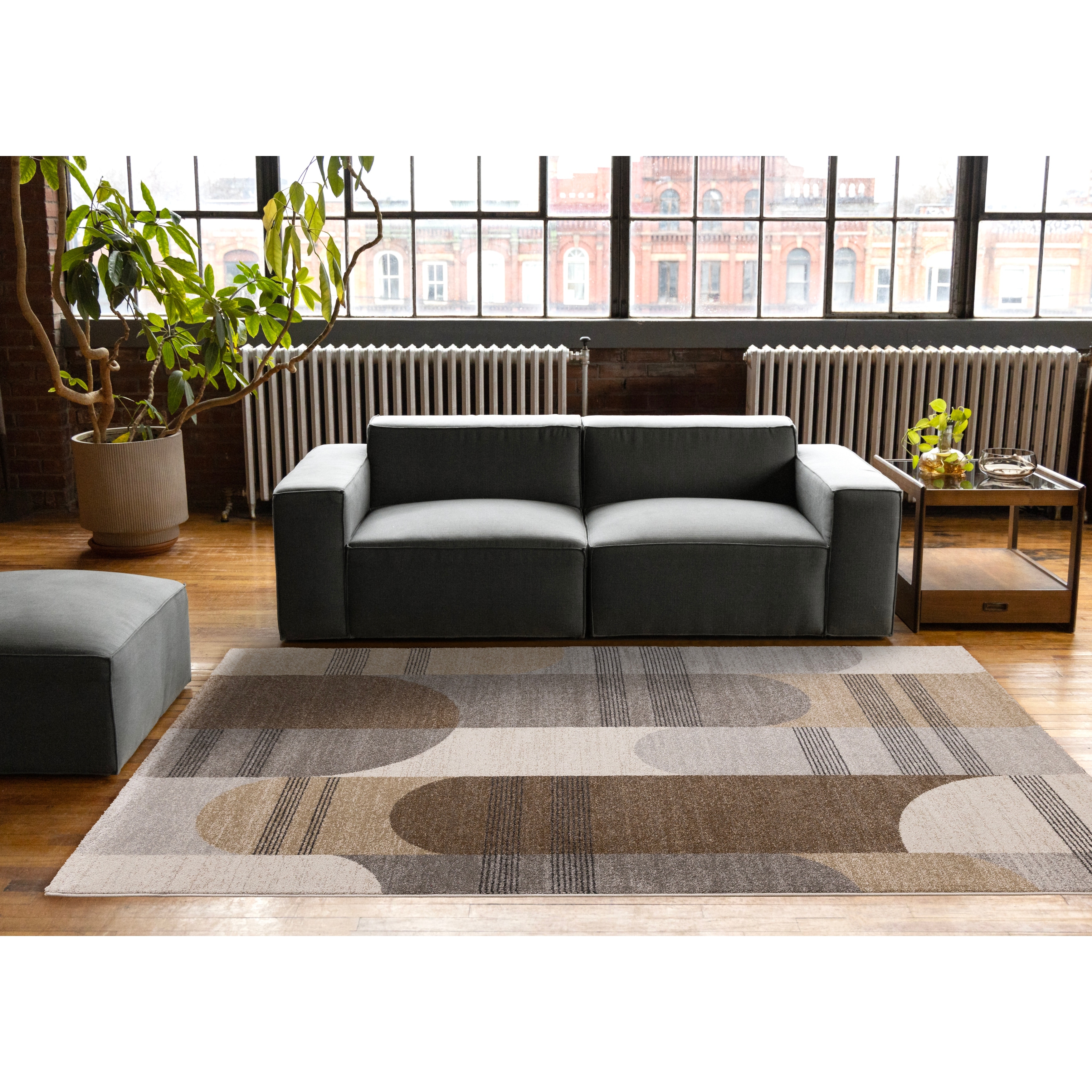 Brown Grey White Striped Arched Shapes Indoor Rug