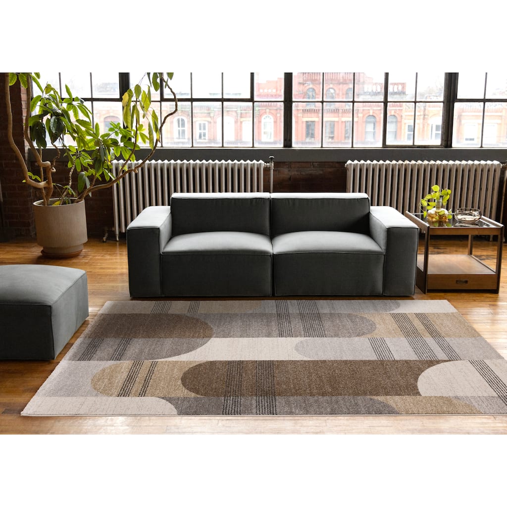 Brown Grey White Striped Arched Shapes Indoor Rug
