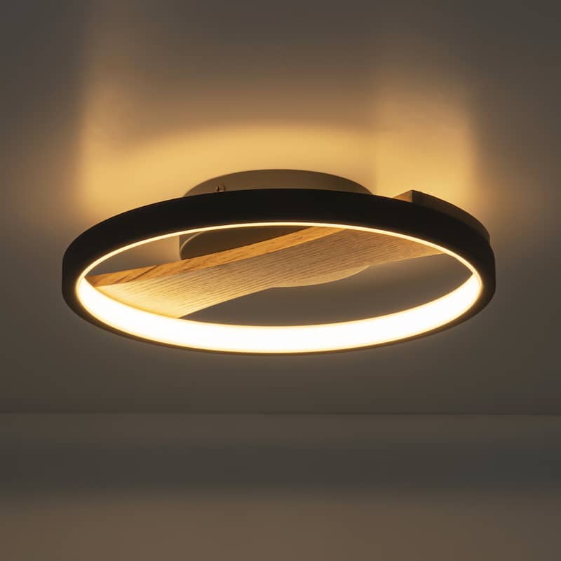 11.8 in. Modern Black Circle Round Wood Integrated LED Semi-Flush Mount Light - 11.8 in. W x 2.5 in. H