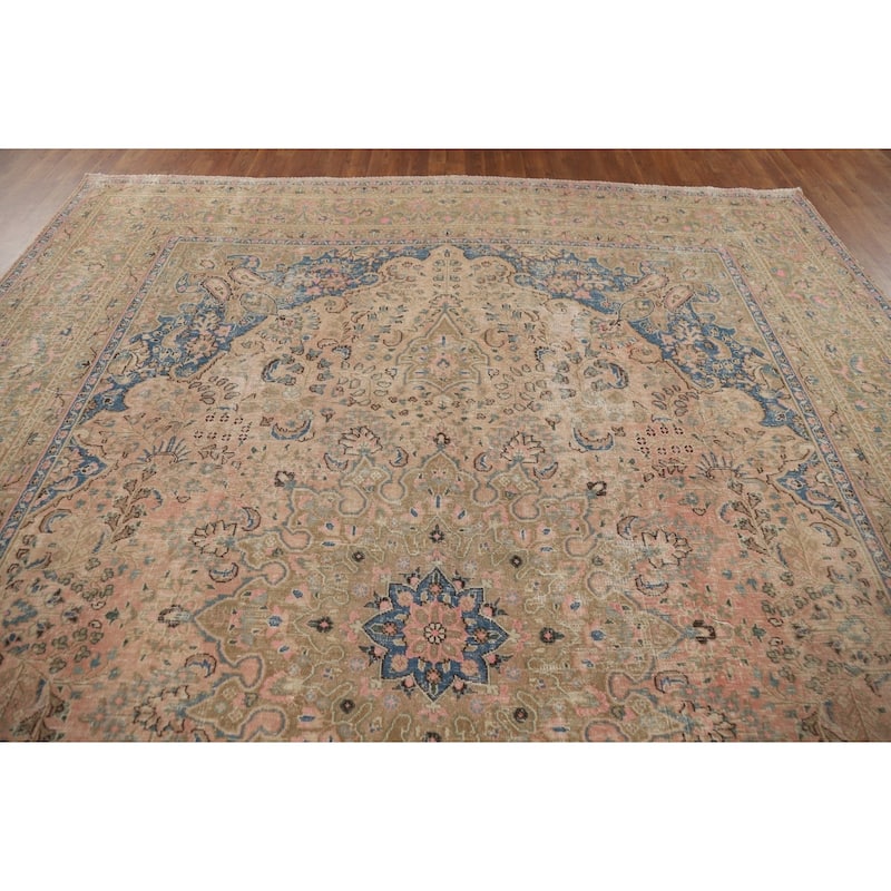 Distressed Pink Mashad Persian Antique Rug Hand-Knotted Wool Carpet - 9'8" x 12'5"