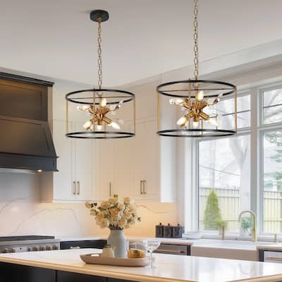 Mid-Century Modern 6-Light Drum Crystal Chandelier Sputnik Pendant Lights for Kitchen Island - D 17.7" x H 12.5"