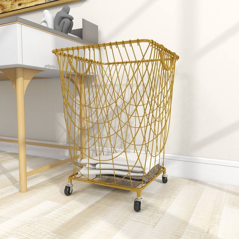 Metal Deep Set Wire Mesh Rolling Laundry Basket Storage Cart with Handles - Black, Gold, White - CosmoLiving by Cosmopolitan