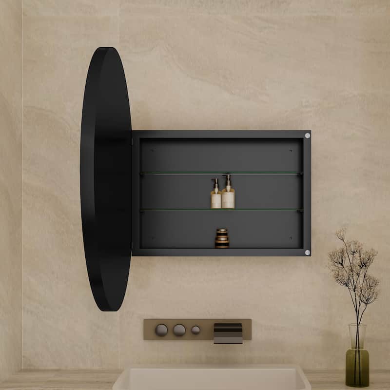 GDF Studio - Rosita 31.5 Inch Round Surface Mount Metal Framed Medicine Cabinet with Mirror and Adjustable Shelves