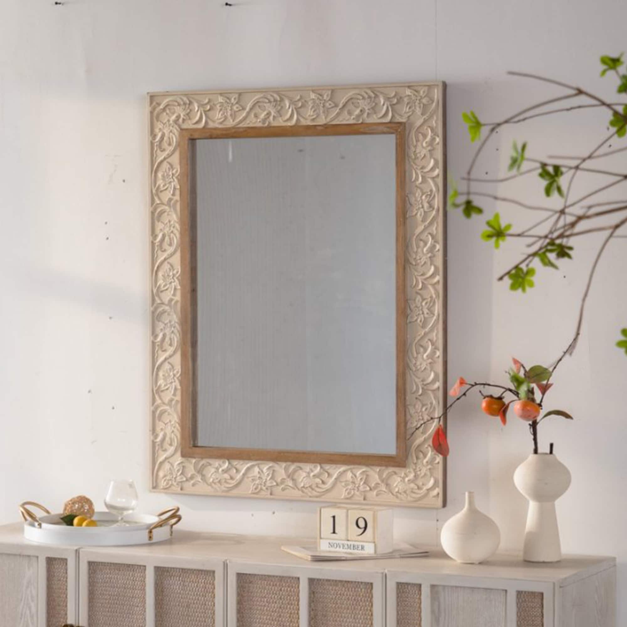 Vintage Carved Pattern Rectangular Wall Mirror, Ornate Frame for Living Room/Bedroom Retro Decor - Beige+yellow