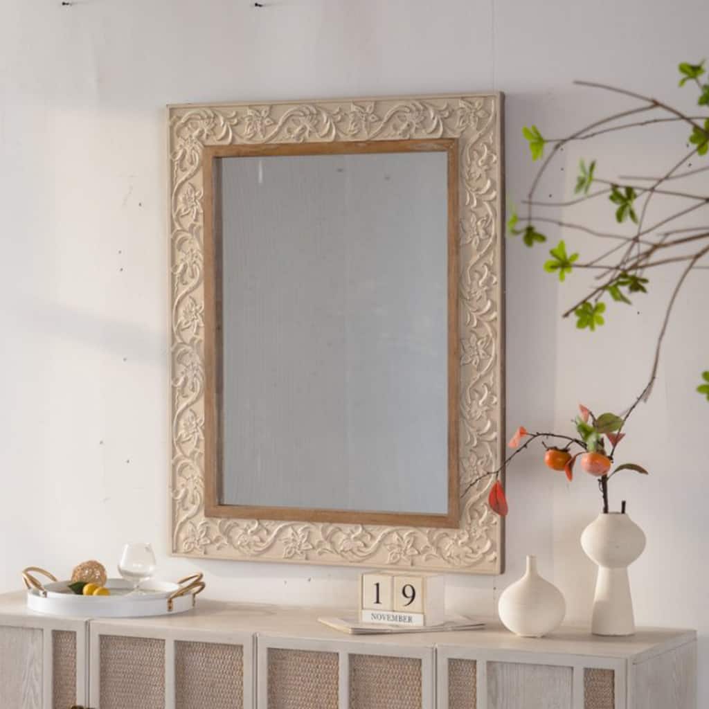 Vintage Carved Pattern Rectangular Wall Mirror, Ornate Frame for Living Room/Bedroom Retro Decor - Beige+yellow