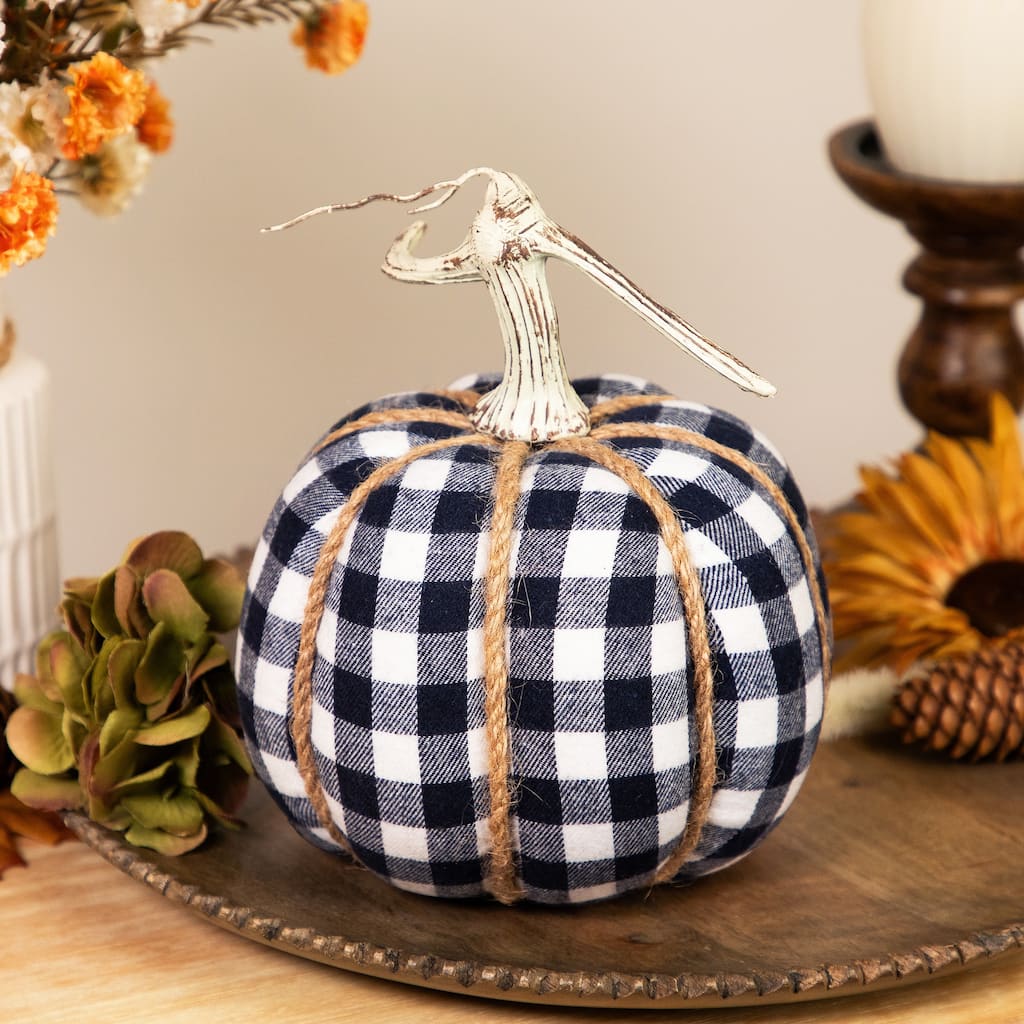 Plaid Fall Harvest Pumpkin with Weathered Stem - 7.75" - Dark Blue and White