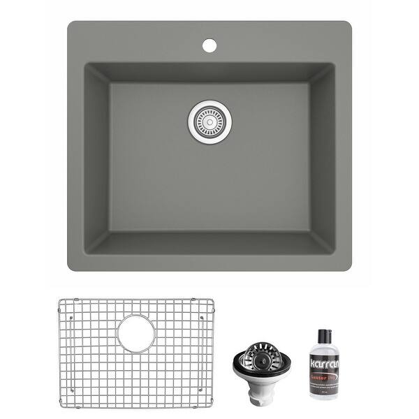 slide 2 of 55, Karran Top Mount 25 in. Single Bowl Quartz Kitchen Sink Kit Grey