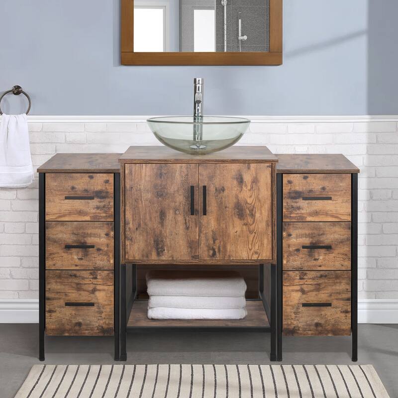 48" Bathroom Vanity Set Organizer Top Vessel Sink W/ Faucet Drain Cabinet Combo - clear round sink