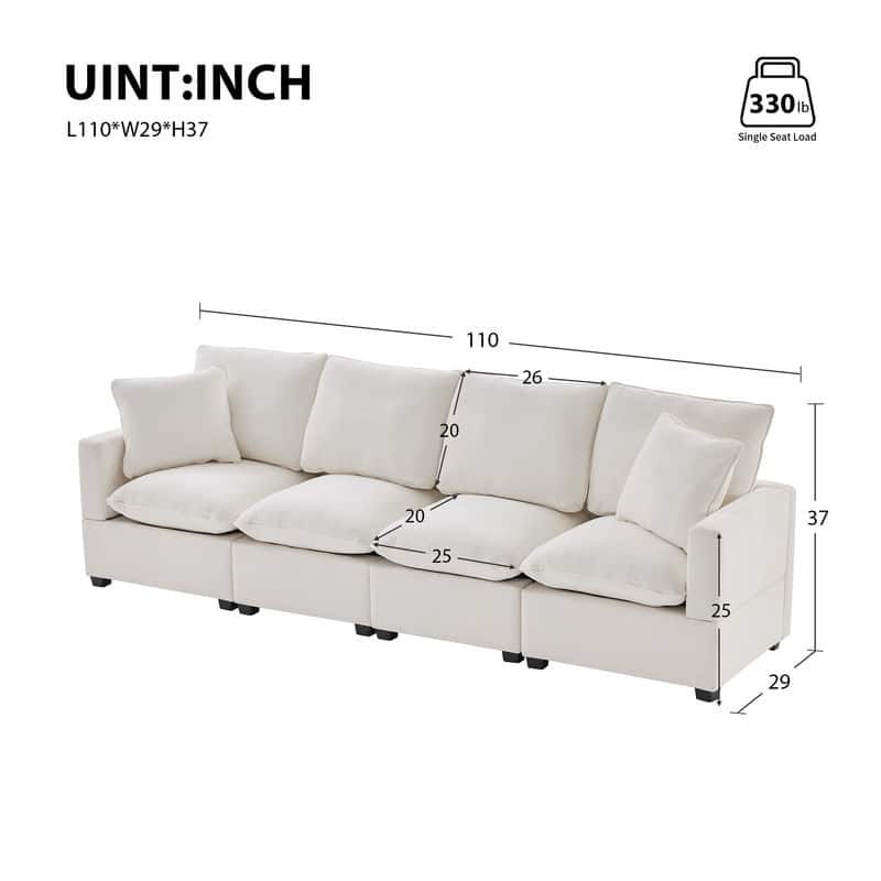 110" Modern Chenille Sofa,4 Seater Sectional Couch with 2 Pillows Included