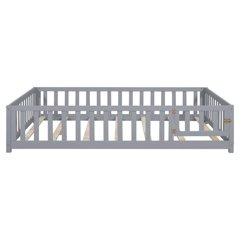 Floor Platform Bed with Fence and Door for kids Toddlers, Full Size