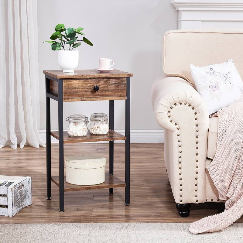 Javlergo Nightstand with 1-Drawer and 3-tier Wood Storage Shelf