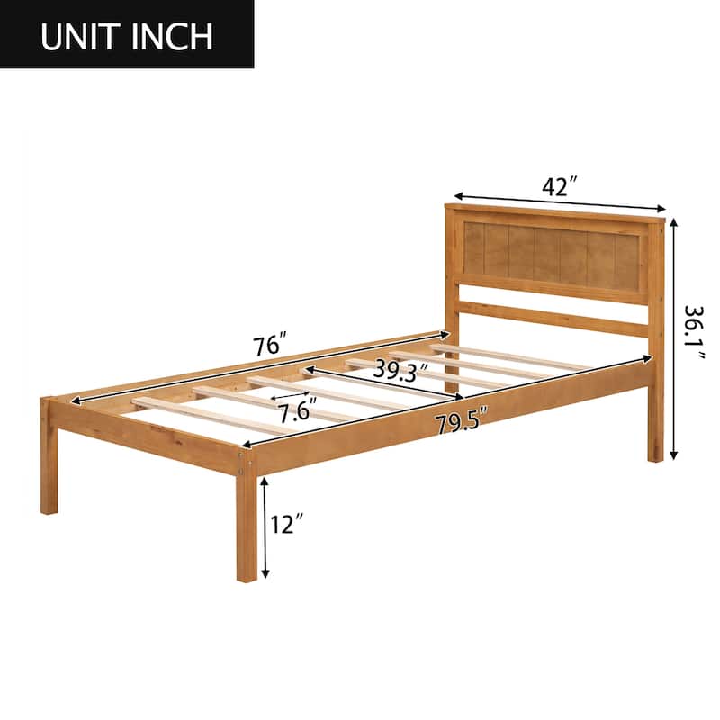 Oak Twin Platform Bed Frame with Headboard, Wood Slat Support, No Box Spring Needed