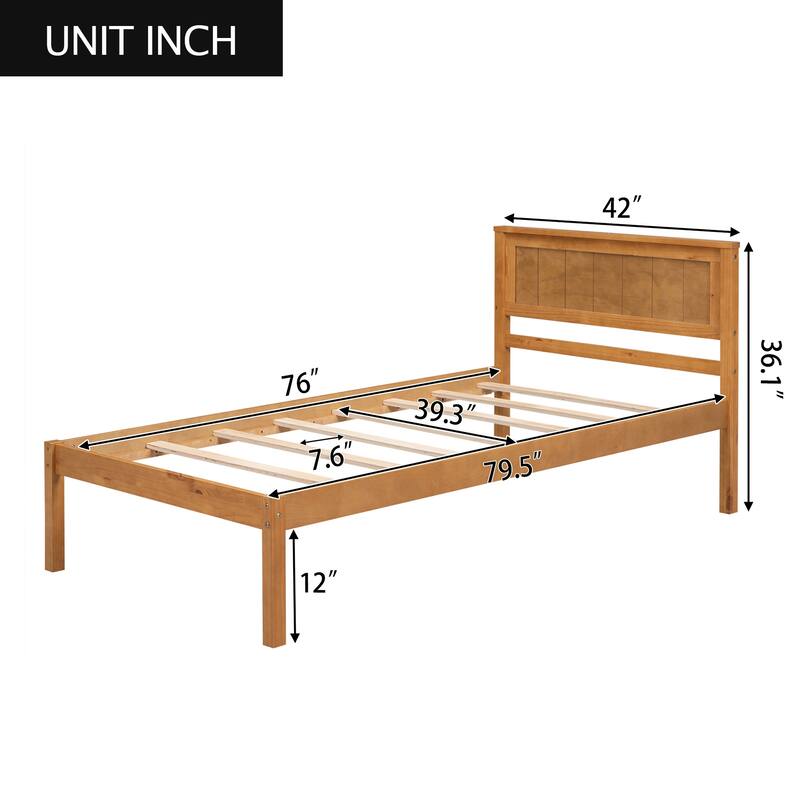 Roomfitters Size Platform Bed Frame with Headboard, Wood Slat Support for Bedroom, Oak