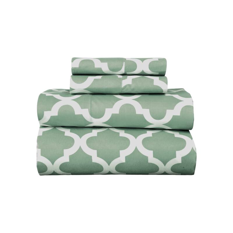 Four Piece Green and White Quatrefoil Microfiber Queen Sheet Set