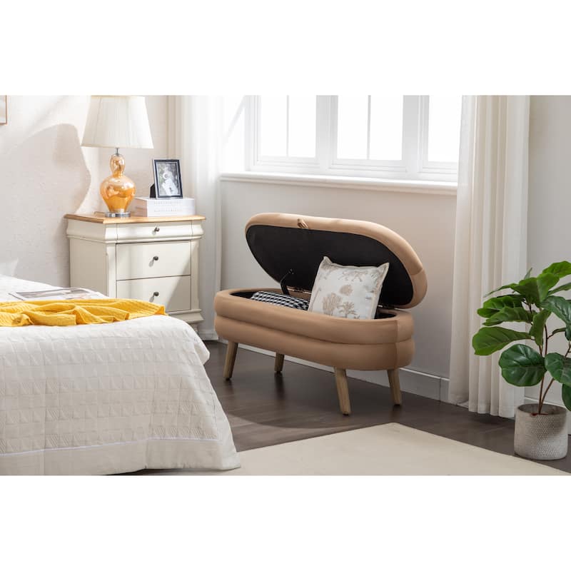 Velvet Fabric Storage Bench With Wood Legs For Living Room Bedroom