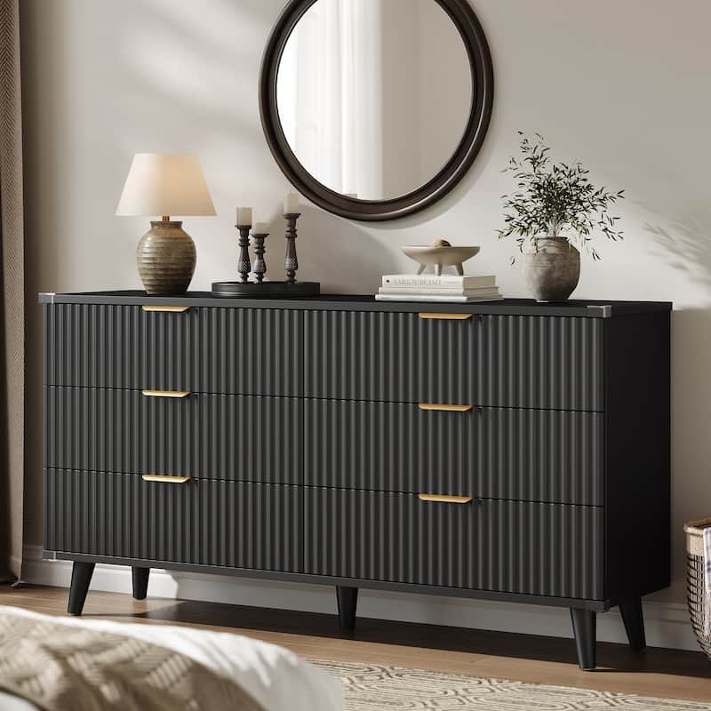 6 Drawer Dresser for Bedroom, 53" Wide Boho Fluted Dresser - Black