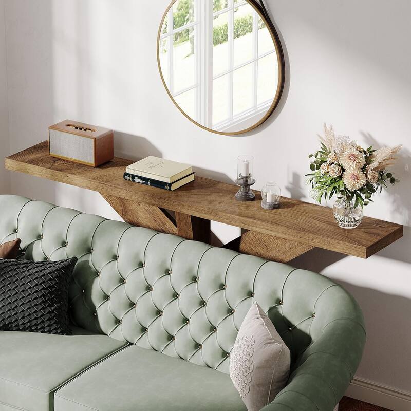 70.9" Long Farmhouse Console Table, Oak Brown Sofa Table Behind Couch with Geometric Wooden Base, Entryway Hallway Accent Table