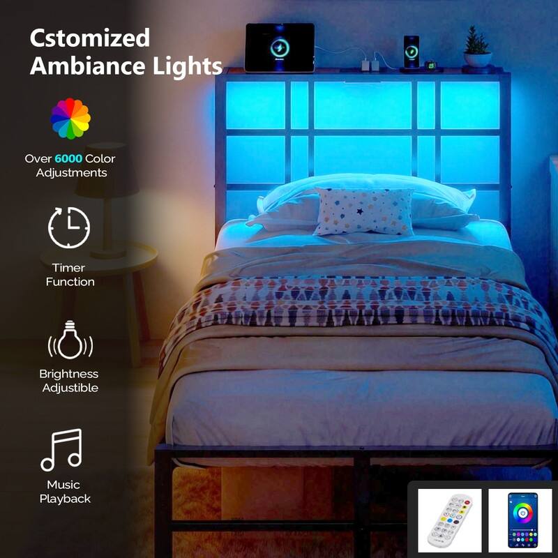 Twin Metal Platform Bed Frame with Storage Headboard,LED Lights,Charging Station,Wooden Storage Shelf,Underbed Storage Space