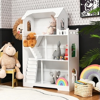 Kids Wooden Dollhouse Bookshelf with Anti-Tip Design and Storage Space - 31.5" x 11.5" x 45.5" (L x W x H)